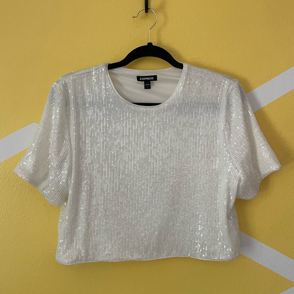 Express Shimmering White Sequin Crop Top